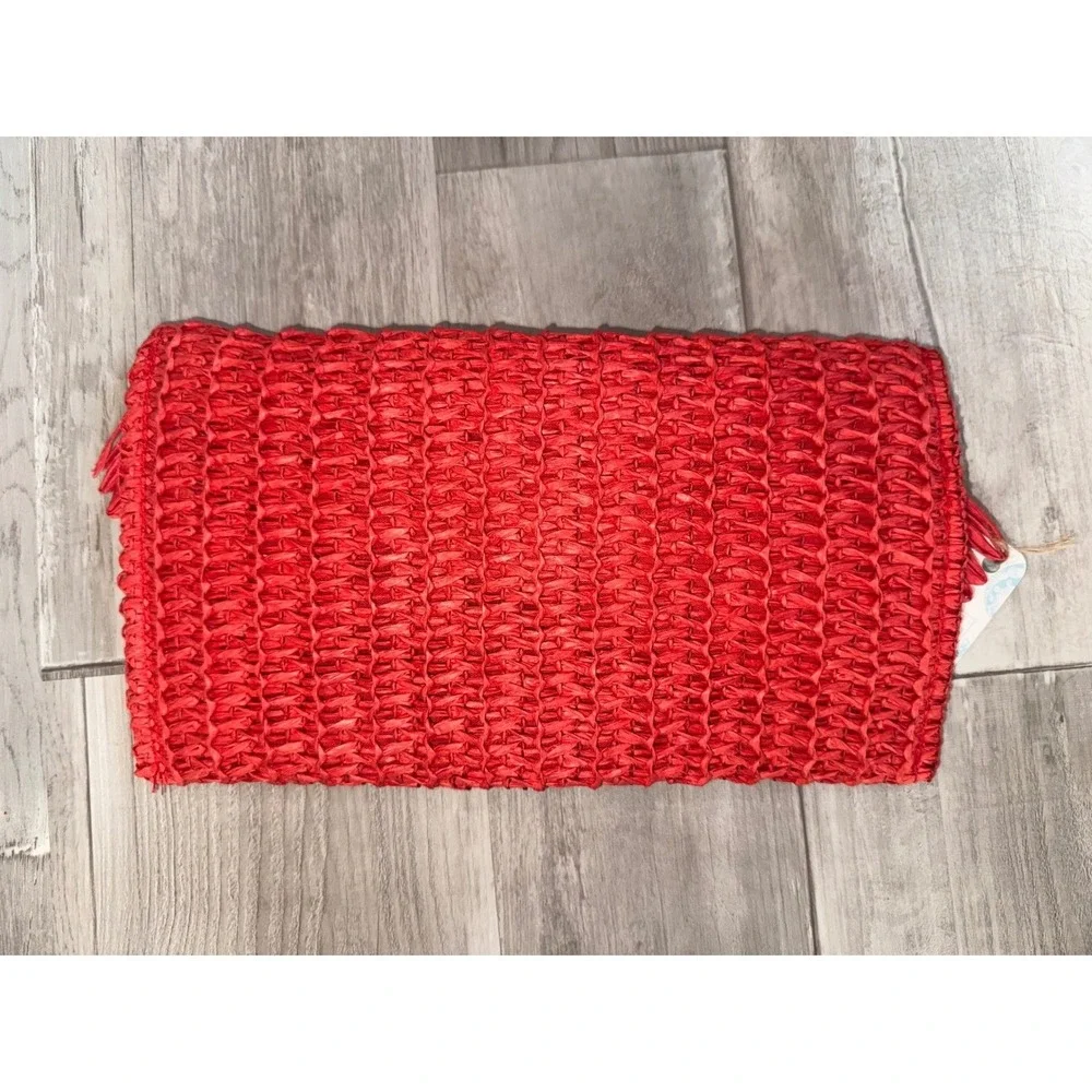Raffia Fringe Clutch Women Red Woven Boho Straw Magnetic Snap Small